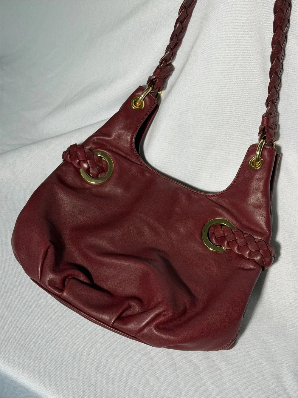 Michael Kors Burgundy Leather Braided Grommet Tassel Shoulder Bag Gold Hardware